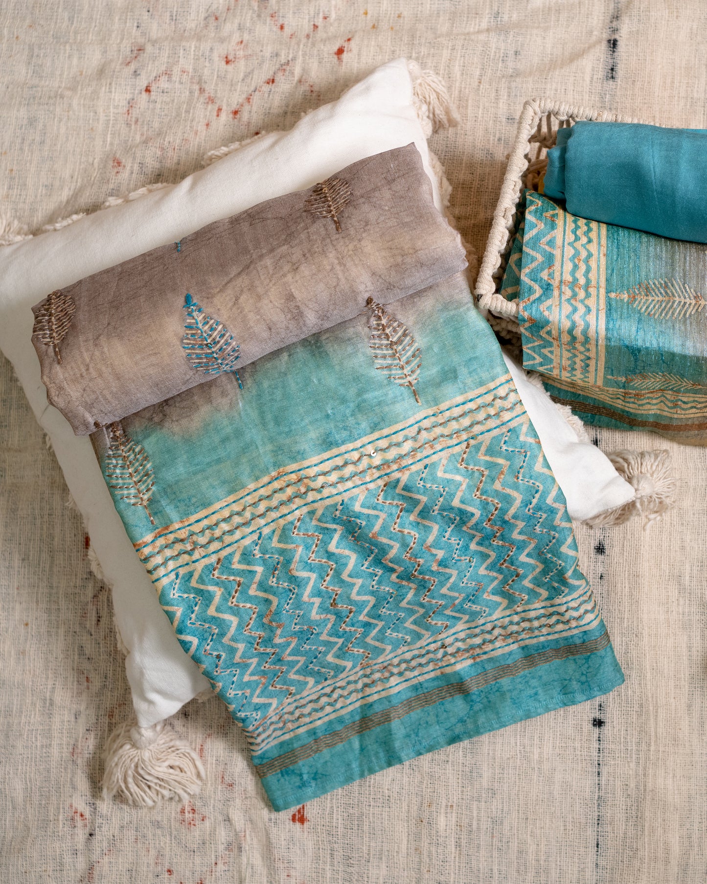 Blue and Grey Chanderi Unstitched Suit