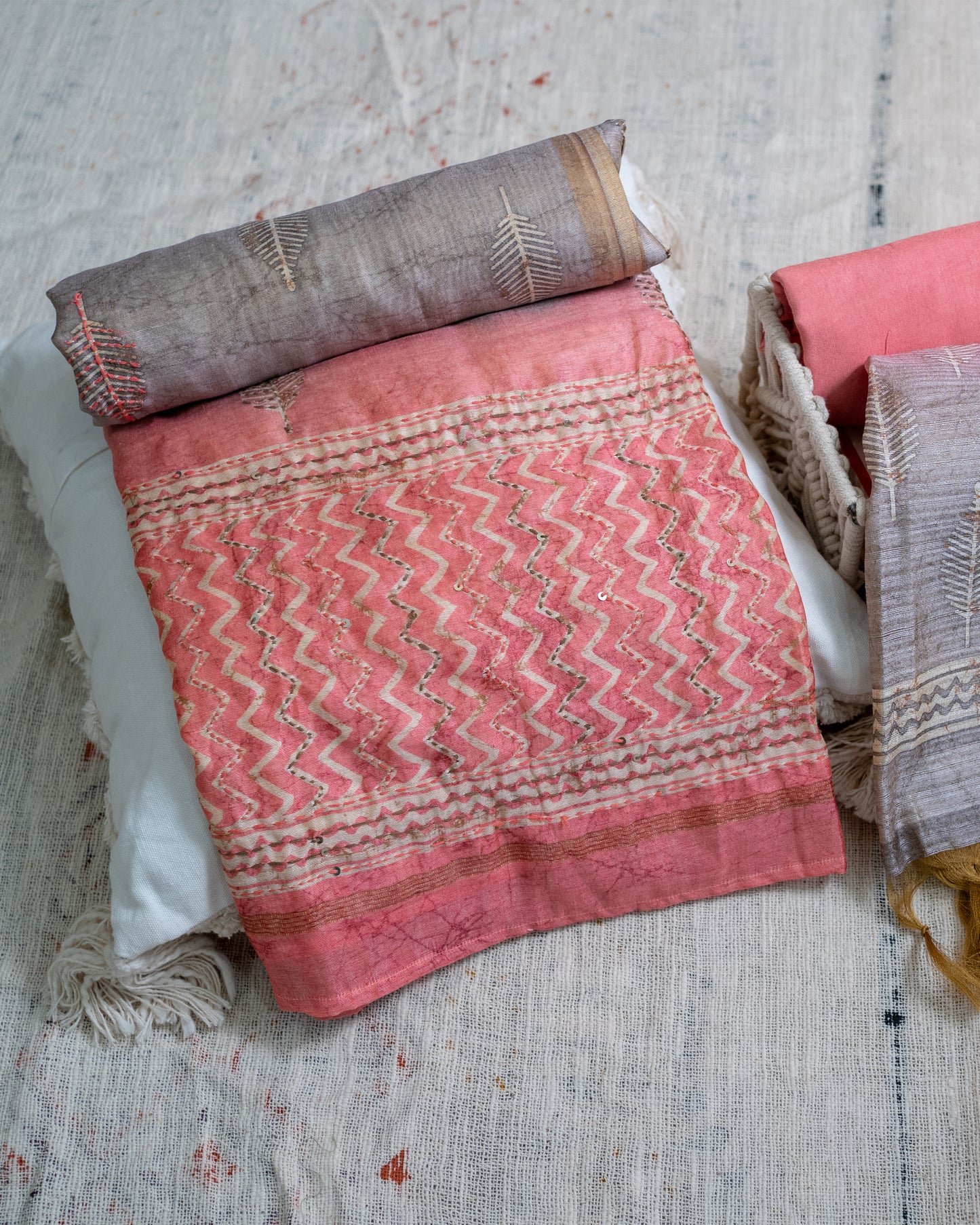 Pink and Grey Chanderi Unstitched Suit