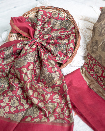 Brown and Red Maheshwari Silk Unstitched Suit