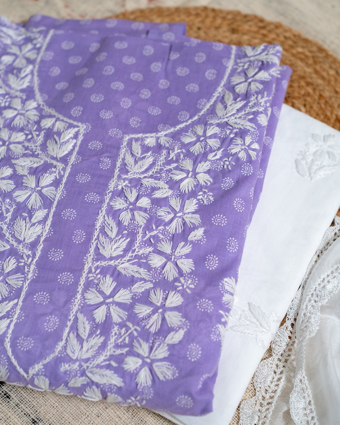 Lavender Lucknawi Cotton Unstitched Suit