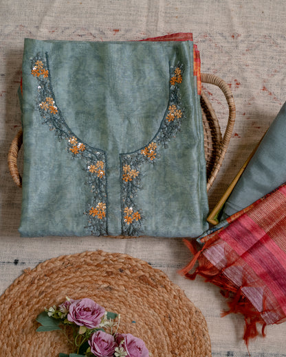 Sea Green and Pink Chanderi Unstitched Suit