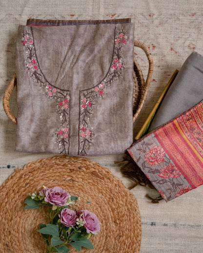 Grey and Pink Chanderi Unstitched Suit