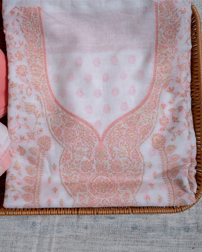 White and Peach Jacquard Organic Cotton Unstitched Suit