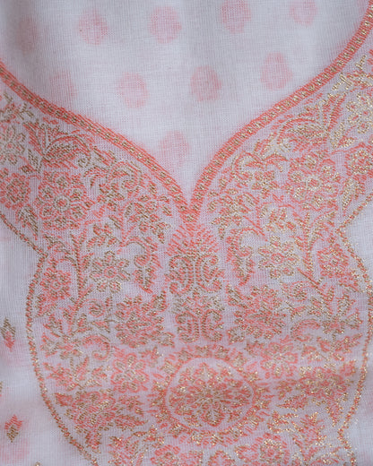 White and Peach Jacquard Organic Cotton Unstitched Suit