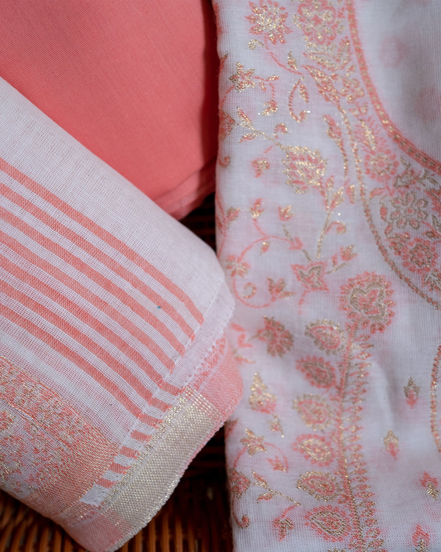 White and Peach Jacquard Organic Cotton Unstitched Suit