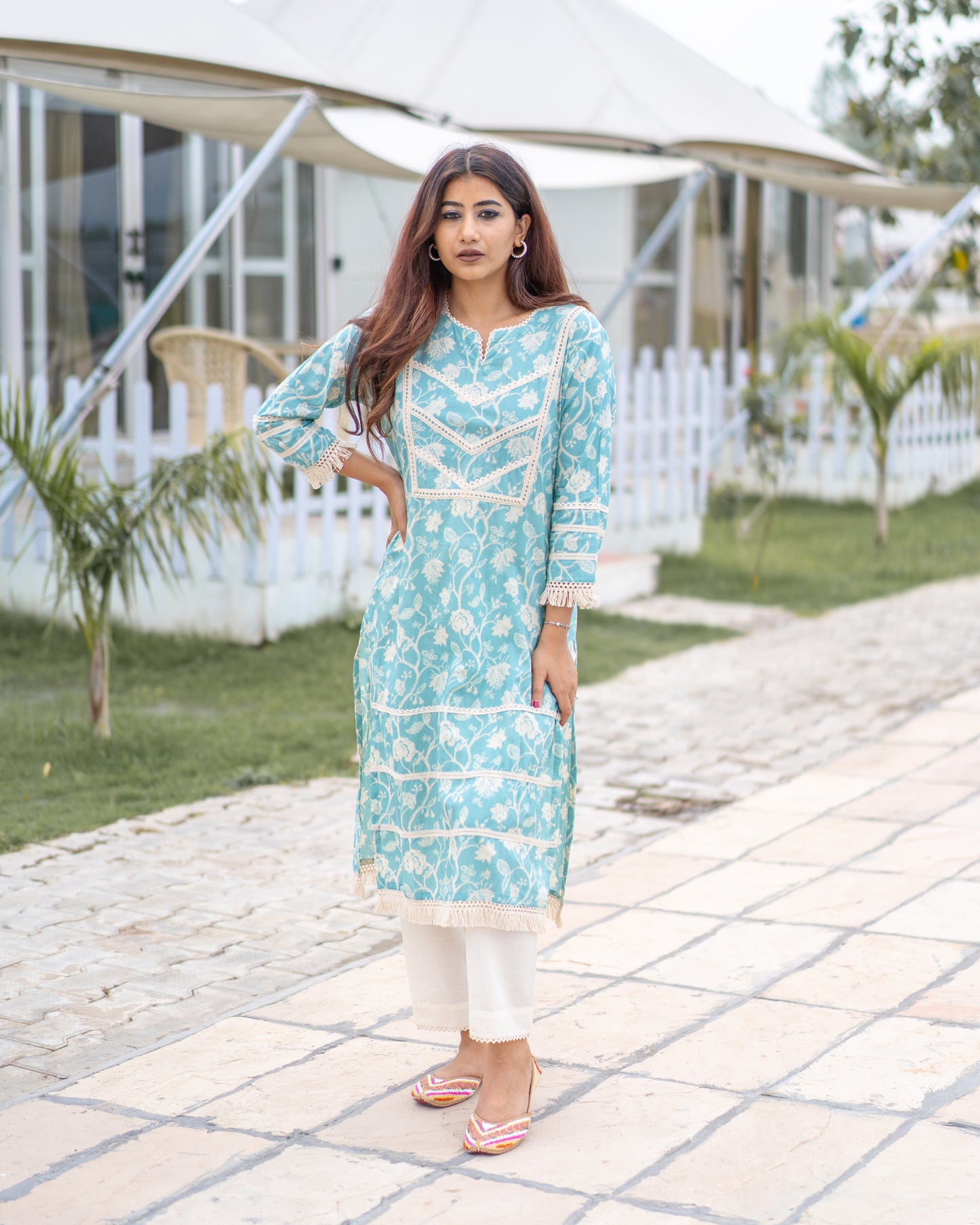 Turquoise Color Cotton Printed Kurta and Pant Set