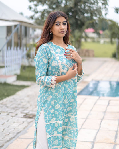 Turquoise Color Cotton Printed Kurta and Pant Set