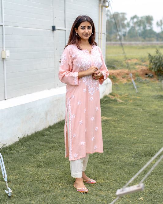 Peach Chikankari Kurti