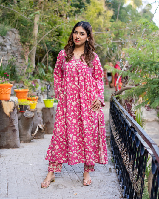 Coral Color Floral Print Kurta With Bottom