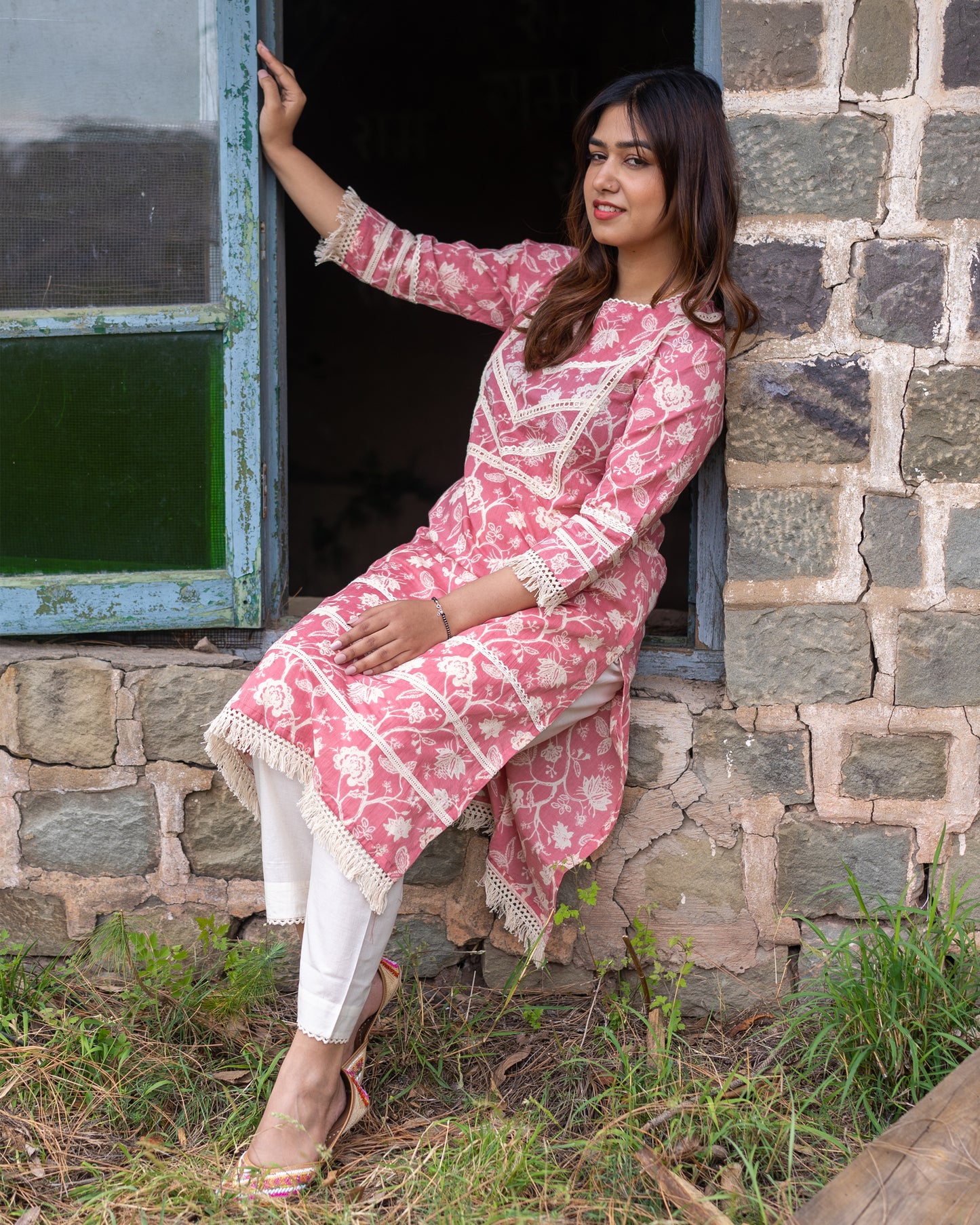 Pink Color Cotton Printed Kurta and Pant Set