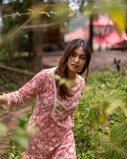 Pink Color Cotton Printed Kurta and Pant Set