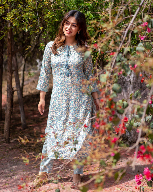 Light Blue Printed Muslin Kurta Set