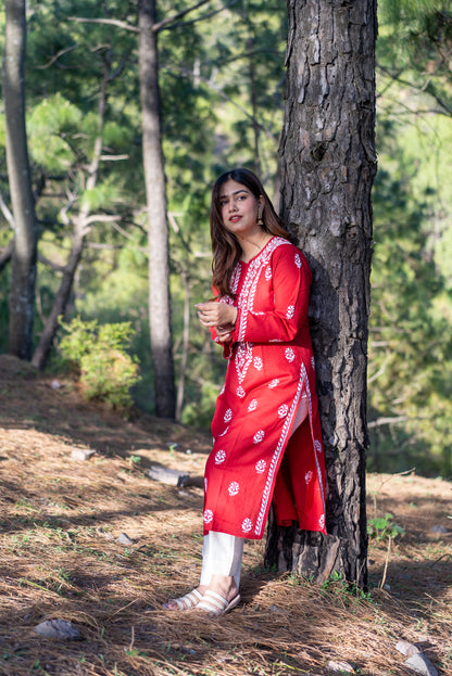 Red Chikankari Kurti