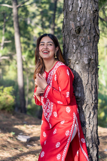 Red Chikankari Kurti